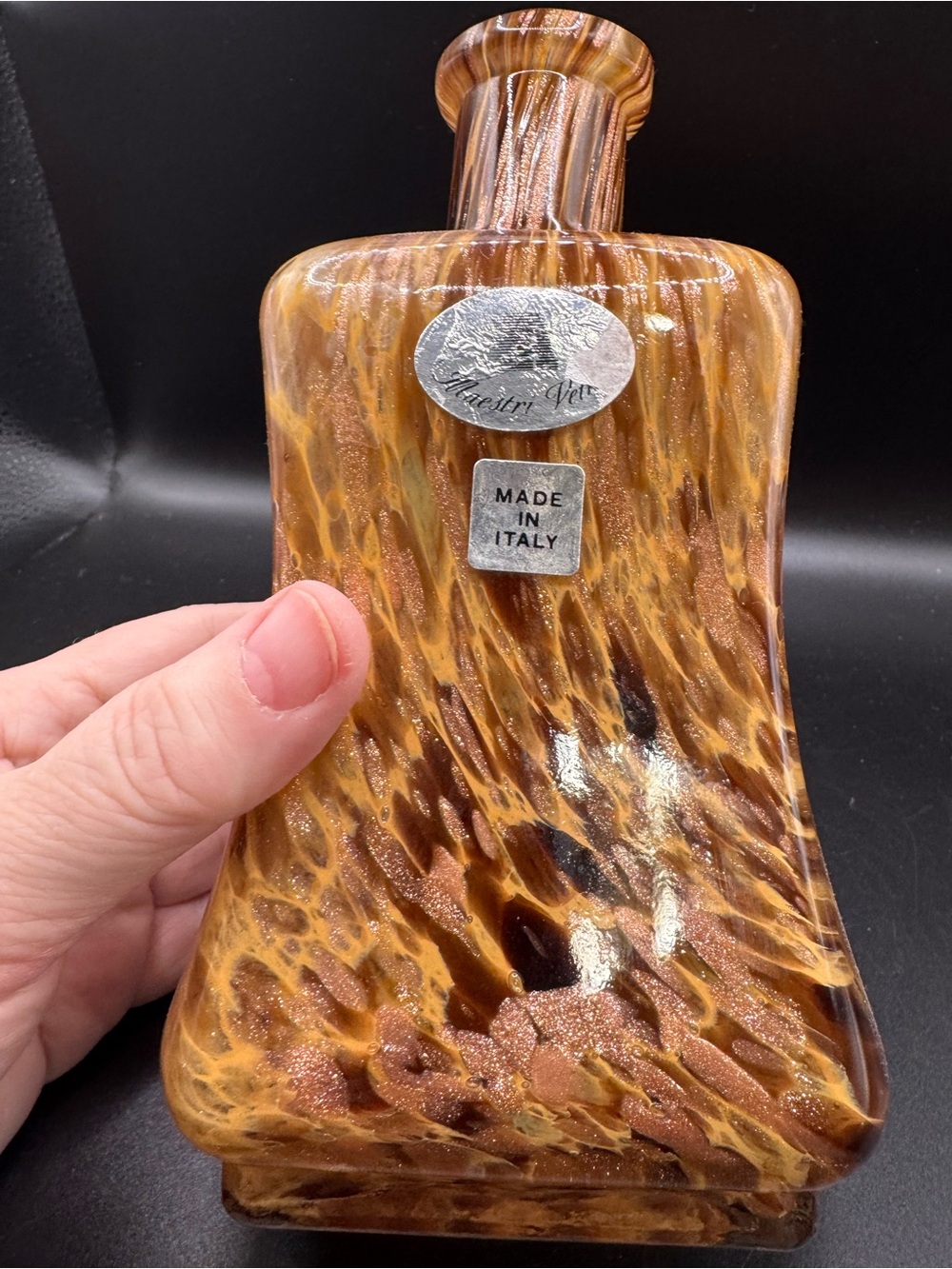 Maestri Vetrai Italian art glass decanter featuring an amber tortoise-shell patt